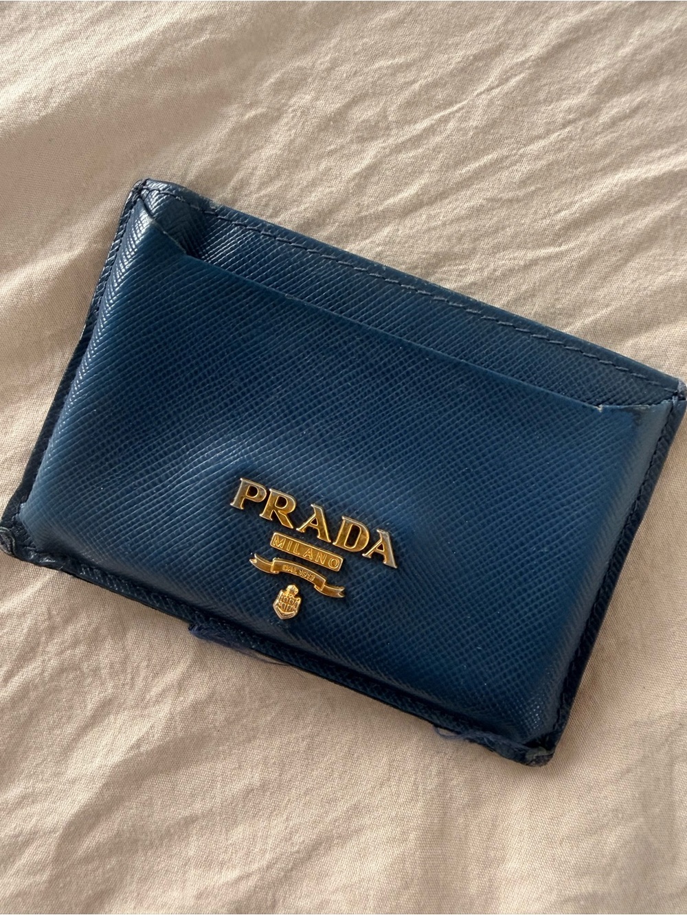 Prada Navy Saffiano Card & Key Holder with Gold Emblem